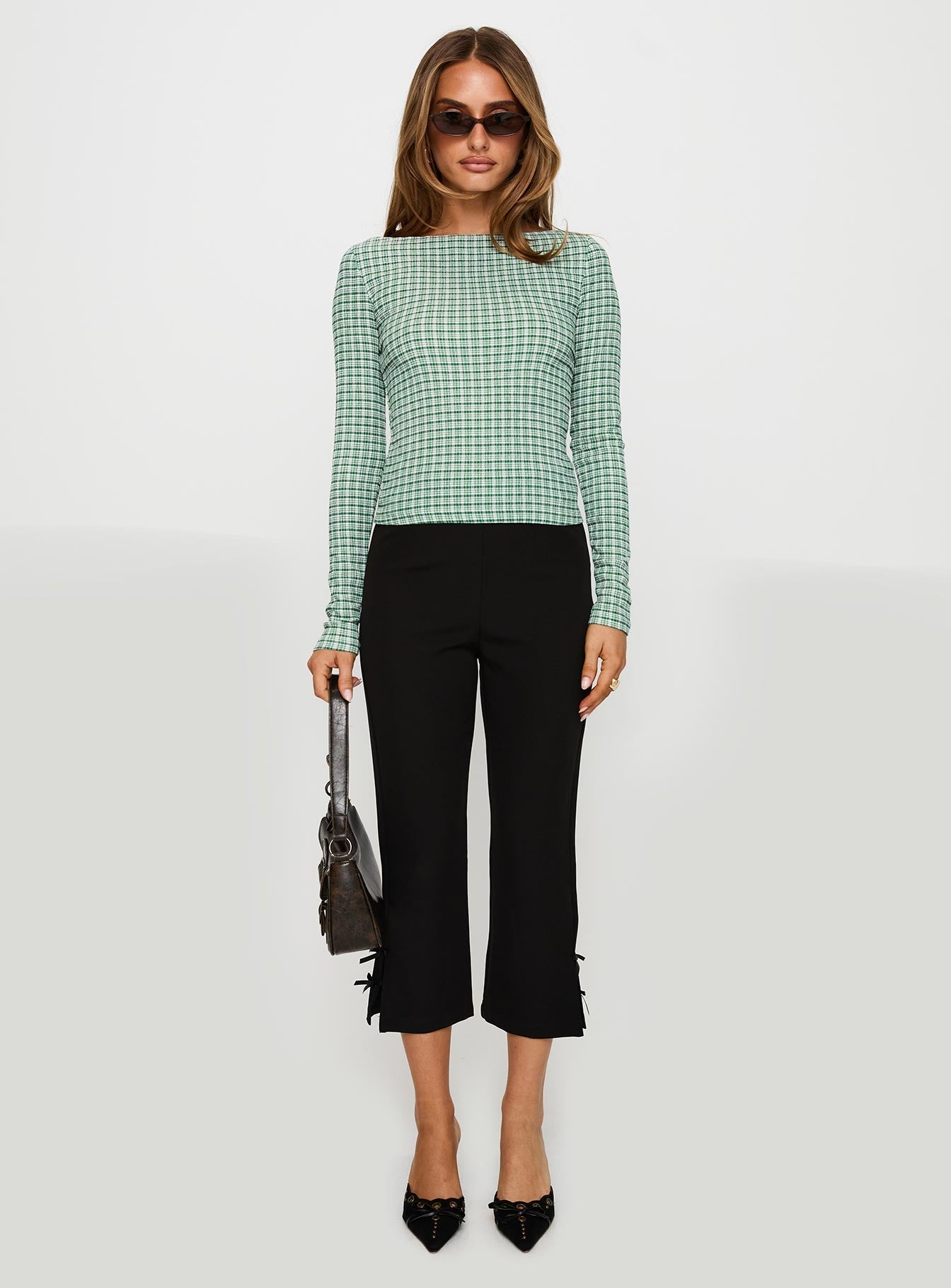 Every Second Boat Neck Long Sleeve Top Green Check